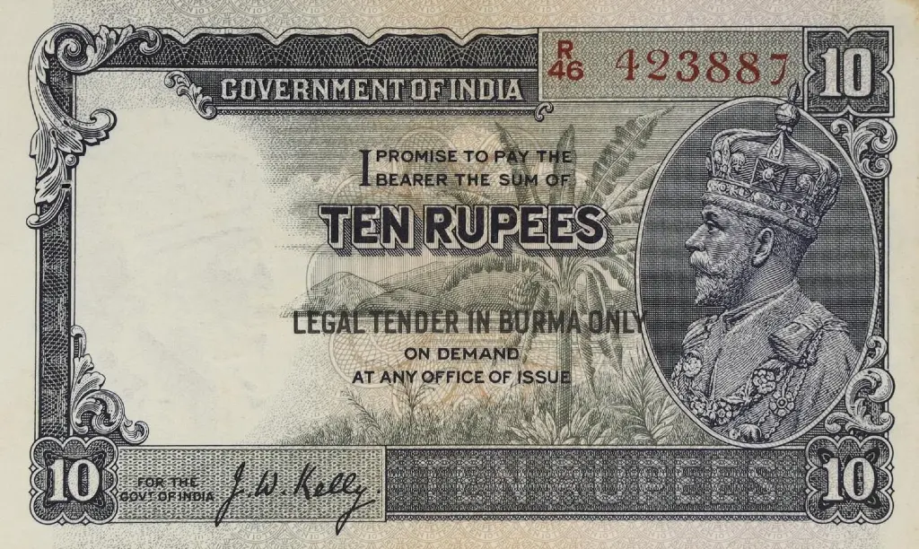 Government of India, Ten Rupees – Legal Tender in Burma Only. Actively sought by Asian paper money specialists.